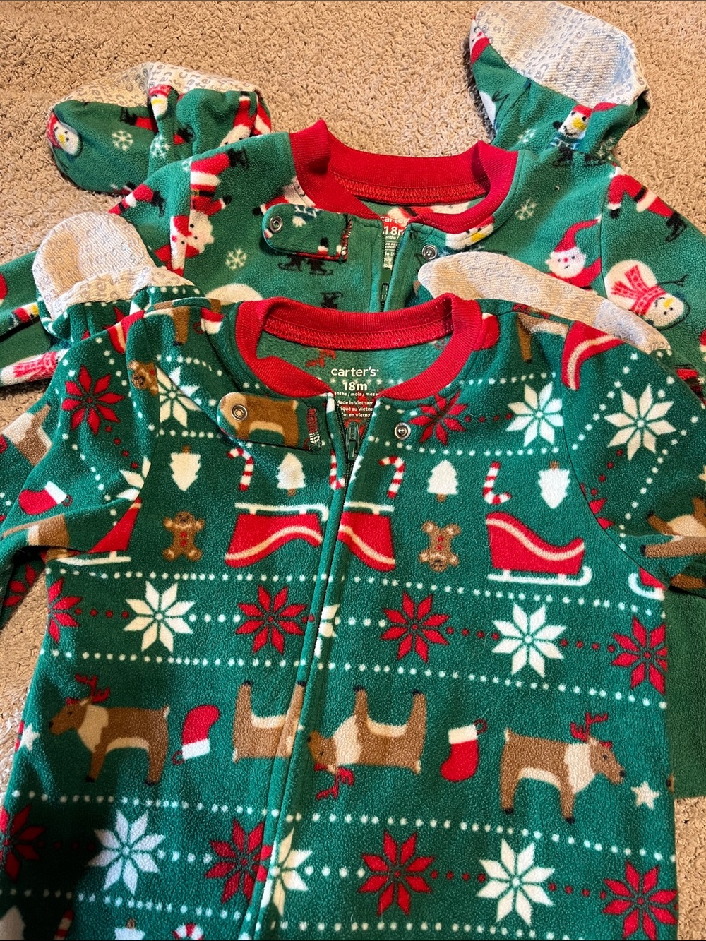Carter's Green Red Christmas Reindeer & Snowflake Pajama Set